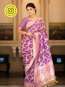 ZILIKAA - Royal Purple Banarasi Minakari Khadi Weaved Georgette Saree and Unstitched Blouse