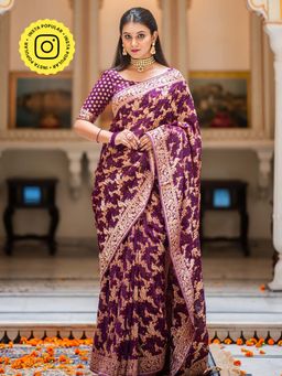 ZILIKAA - Plum Wine Banarasi Minakari Khadi Weaved Georgette Saree and Unstitched Blouse