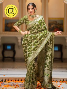 ZILIKAA - Mehendi Green Banarasi Minakari Khadi Weaved Georgette Saree and Unstitched Blouse