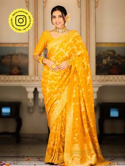 ZILIKAA - Mustard Yellow Banarasi Minakari Khadi Weaved Georgette Saree and Unstitched Blouse