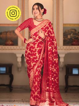 ZILIKAA - Scarlet Red Banarasi Minakari Khadi Weaved Georgette Saree and Unstitched Blouse