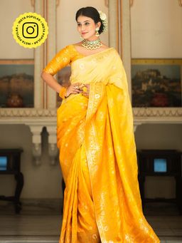 ZILIKAA - Mustard Yellow Hand-Dyed Banarasi Upada Silk Saree and Unstitched Blouse