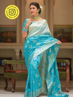 ZILIKAA - Turquoise Blue Hand-Dyed Banarasi Upada Silk Saree and Unstitched Blouse