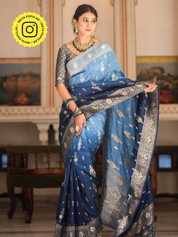ZILIKAA - Midnight Blue Hand-Dyed Banarasi Upada Silk Saree and Unstitched Blouse