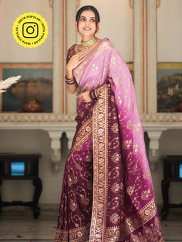 ZILIKAA - Plum Wine Hand-Dyed Banarasi Upada Silk Saree and Unstitched Blouse