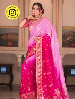 ZILIKAA - Queen Pink Hand-Dyed Banarasi Upada Silk Saree and Unstitched Blouse