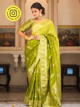 ZILIKAA - Mehendi Green Hand-Dyed Banarasi Upada Silk Saree and Unstitched Blouse