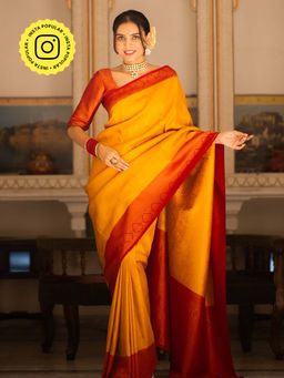 ZILIKAA - Mustard Yellow Kanjivaram Silk Saree and Unstitched Blouse