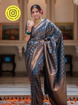 ZILIKAA - Peacock Blue Kanjivaram Silk Saree and Unstitched Blouse