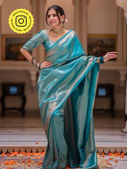 ZILIKAA - Tiffany Turquoise Kanjivaram Silk Saree and Unstitched Blouse