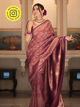 ZILIKAA - Sangria Magenta Kanjivaram Silk Saree and Unstitched Blouse