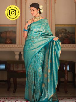 ZILIKAA - Tiffany Turquoise Kanjivaram Silk Saree and Unstitched Blouse