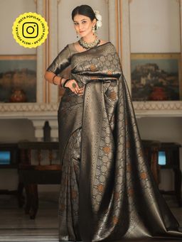 ZILIKAA - Midnight Black Kanjivaram Silk Saree and Unstitched Blouse