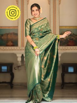 ZILIKAA - Bottle Green Kanjivaram Silk Saree and Unstitched Blouse