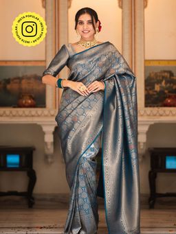 ZILIKAA - Peacock Teal Kanjivaram Silk Saree and Unstitched Blouse