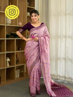 ZILIKAA - Lavender Munga Banarasi Silk Saree with Unstitched Blouse