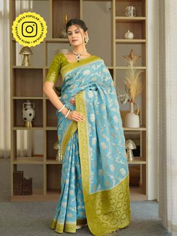 ZILIKAA - English Blue Munga Banarasi Silk Saree with Unstitched Blouse