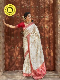 ZILIKAA - Ivory Munga Banarasi Silk Saree with Unstitched Blouse