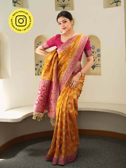 ZILIKAA - Mustard Munga Banarasi Silk Saree with Unstitched Blouse