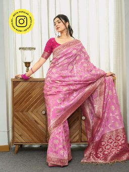 ZILIKAA - Pastel Pink Munga Banarasi Silk Saree with Unstitched Blouse