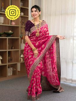 ZILIKAA - Queen Pink Munga Banarasi Silk Saree with Unstitched Blouse