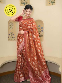 ZILIKAA - Burnt Orange Munga Banarasi Silk Saree with Unstitched Blouse