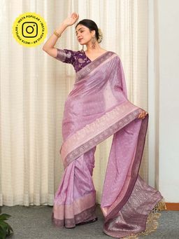 ZILIKAA - Lavender Munga Banarasi Silk Saree with Unstitched Blouse