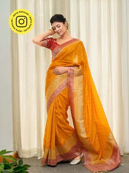 ZILIKAA - Mustard Munga Banarasi Silk Saree with Unstitched Blouse