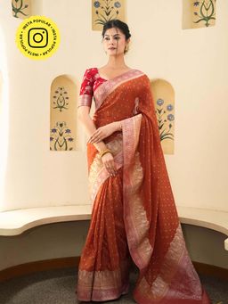 ZILIKAA - Burnt Orange Munga Banarasi Silk Saree with Unstitched Blouse
