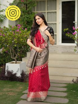 ZILIKAA - Scarlet Red Munga Banarasi Silk Saree with Unstitched Blouse