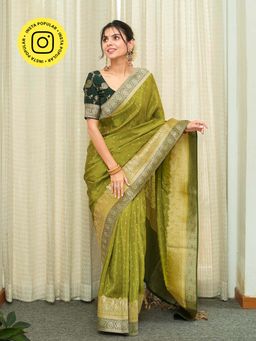 ZILIKAA - Green Baby Mehendi Munga Banarasi Silk Saree with Unstitched Blouse