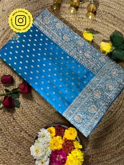 ZILIKAA - Peacock Blue Zardozi Handwork Katan Silk Saree with Unstitched Blouse