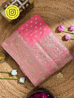 ZILIKAA - Salmon Pink Zardozi Handwork Katan Silk Saree with Unstitched Blouse