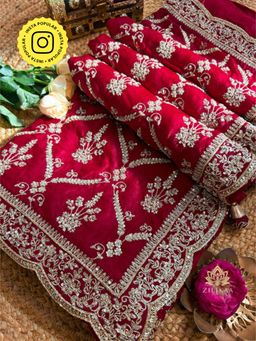ZILIKAA - Calcutta Red Aari Zardozi Handwork Satin Silk Saree with Unstitched Blouse