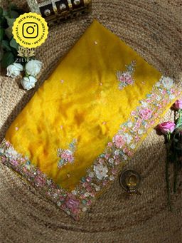 ZILIKAA - Mustard Golden Hand Embroidery Organza Silk Saree with Unstitched Blouse