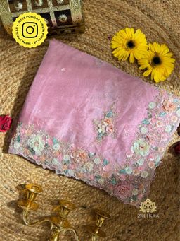 ZILIKAA - Barbie Pink Hand Embroidery Organza Silk Saree with Unstitched Blouse