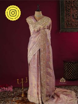 ZILIKAA - Pastel Pink Zardozi Handwork Kanchi Tissue Silk Saree with Unstitched Blouse