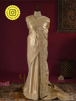 ZILIKAA - Ivory Gold Zardozi Kanchipuram Tissue Silk Saree with Unstitched Blouse