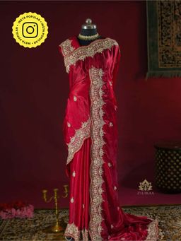 ZILIKAA - Rose Red Mulberry Silk Saree with Unstitched Blouse