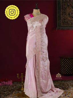 ZILIKAA - Pastel Pink Tissue Silk Saree with Zardozi Handwork with Unstitched Blouse