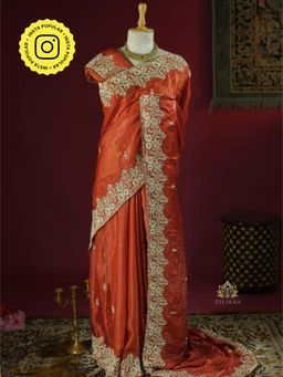 ZILIKAA - Rust Orange Mulberry Silk Saree with Unstitched Blouse