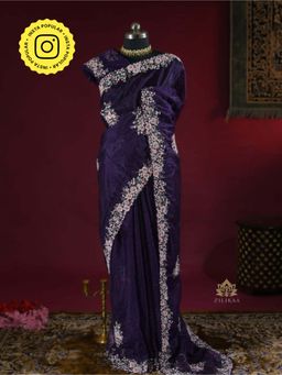 ZILIKAA - Eggplant Purple Hand Embroidery Organza Silk Saree with Unstitched Blouse