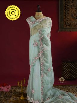 ZILIKAA - Ocean Green Hand Embroidery Organza Silk Saree with Unstitched Blouse