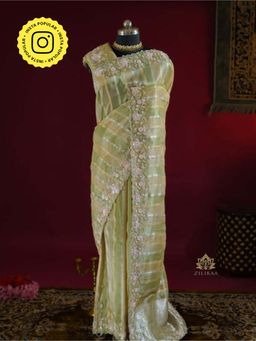 ZILIKAA - Parrot Green Rangkaat Kanchi Tissue Silk Saree with Unstitched Blouse
