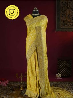 ZILIKAA - Lemon Yellow Zardozi Handwork Zari Tissue Silk Saree with Unstitched Blouse