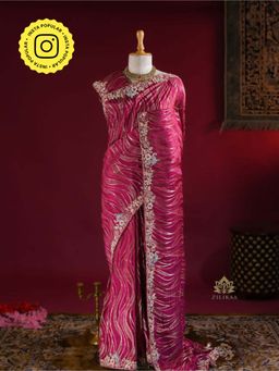 ZILIKAA - Queen Pink Munga Silk Saree with Zardozi Hand Embroidery with Unstitched Blouse