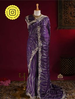 ZILIKAA - Plum Purple Munga Silk Saree with Zardozi with Unstitched Blouse