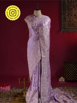 ZILIKAA - Lavender Purple Zardozi Handwork Mulberry Banarasi Silk Saree with Unstitched Blouse