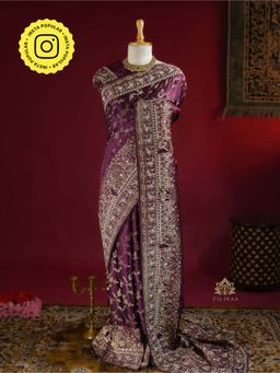 ZILIKAA - Plum Wine Zardozi Handwork Mulberry Banarasi Silk Saree with Unstitched Blouse