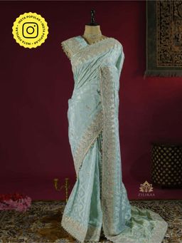 ZILIKAA - Ocean Green Zardozi Handwork Munga Banarasi Silk Saree with Unstitched Blouse
